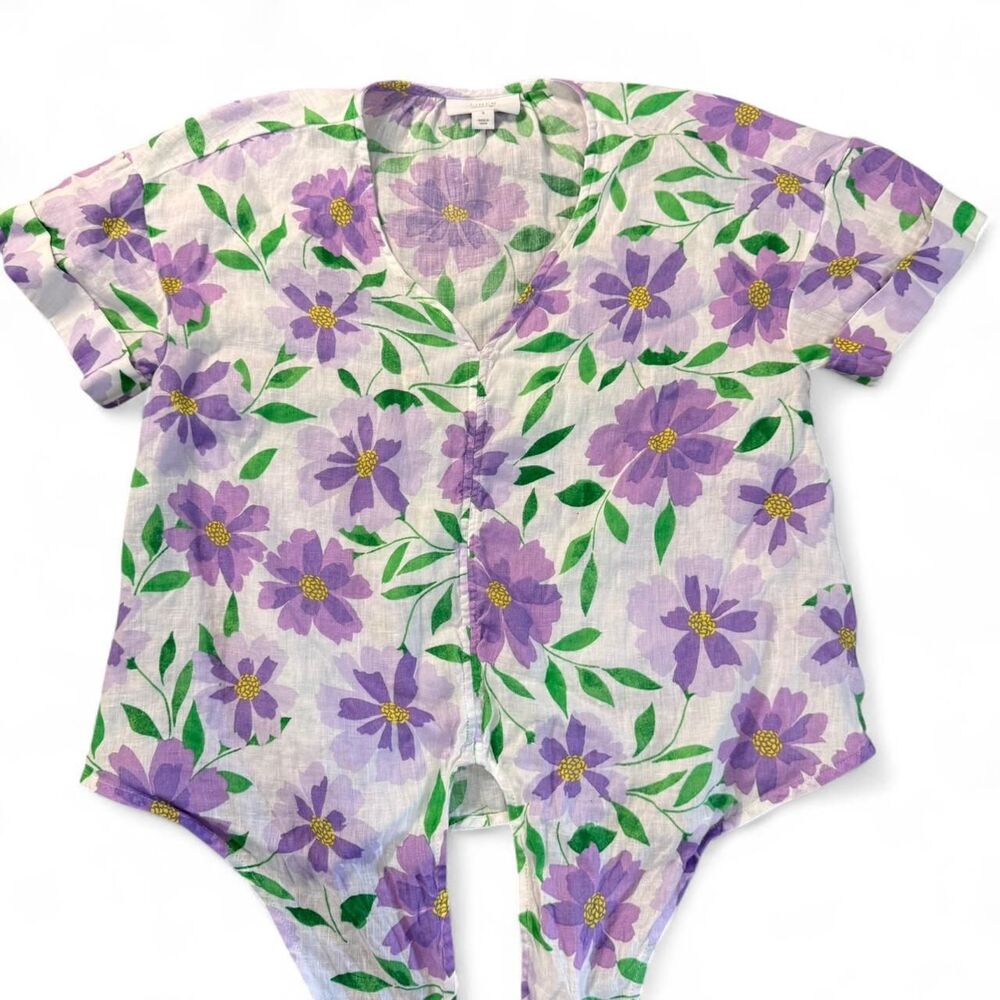 Charter Club Linen Luxury Small S Purple Floral Tie-Front V-Neck Top